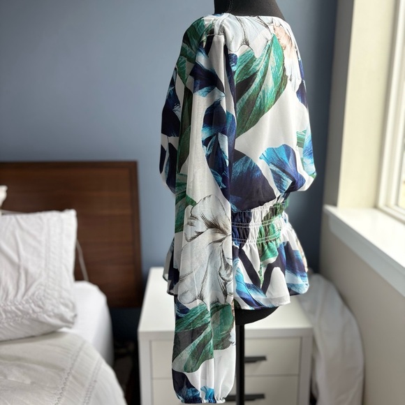 WHBM Floral V-Neck Smocked Waist Long Sleeve Blouse with Peplum - Picture 8 of 15